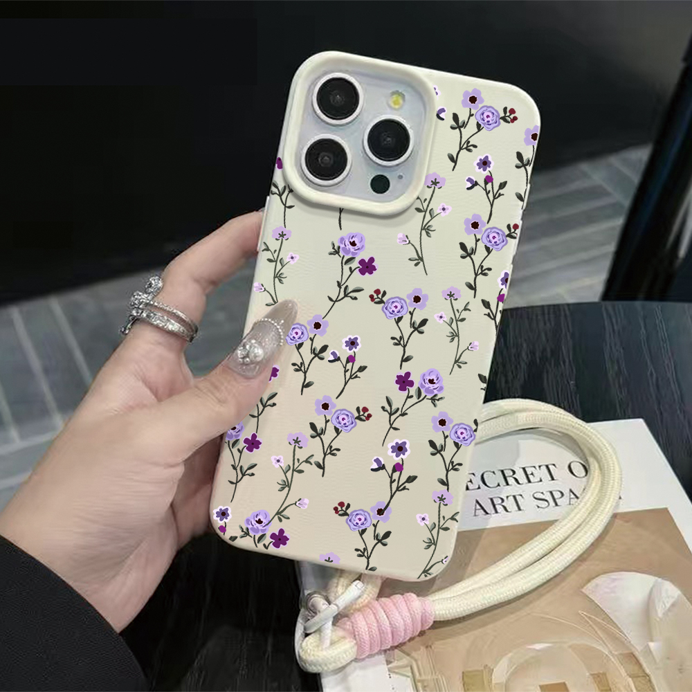 Phone Cases Leather - เคสโทรศัพท์ลายดอกไม้สีม่วงแบบสายคล้องบาง สำหรับ iPhone 17 16 15