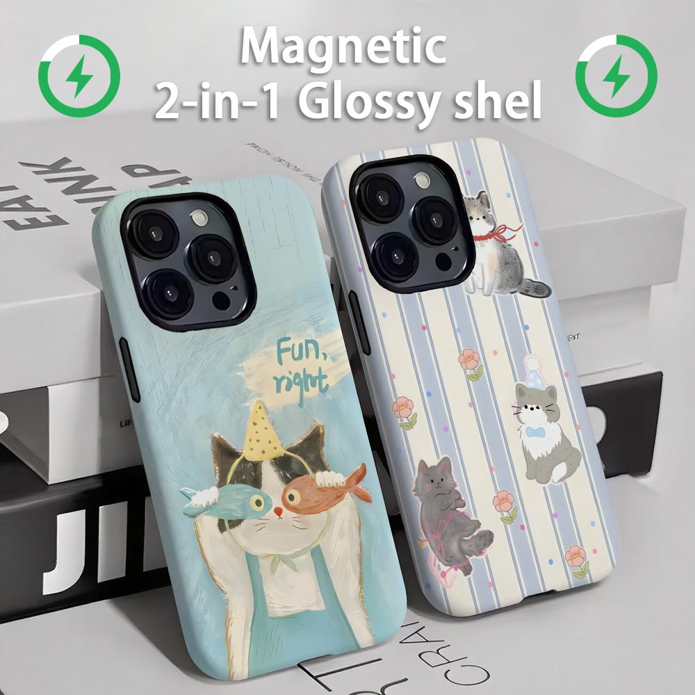 Phone Cases Iphone 12 - แมวและสุนัขน่ารักเคสโทรศัพท์แม่เหล็ก 2-in-1 Glossy SHELL สําหรับ iPhone