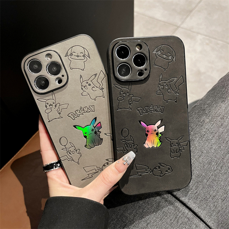 Phone Cases Leather - เคสโทรศัพท์ลายการ์ตูนพิคาชู หนังเทียมเลเซอร์ สำหรับ iPhone 15 14