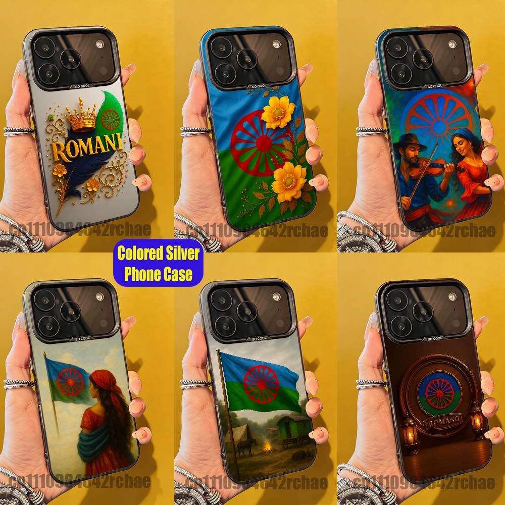 Phone Cases Quotes - เคสโทรศัพท์ลายธงชาติชนเผ่าโรมา สำหรับ iPhone 15,16,12,14,13,17,11,E,Pro,Max,Plus,Air,Mini สีเงิน วัสดุ