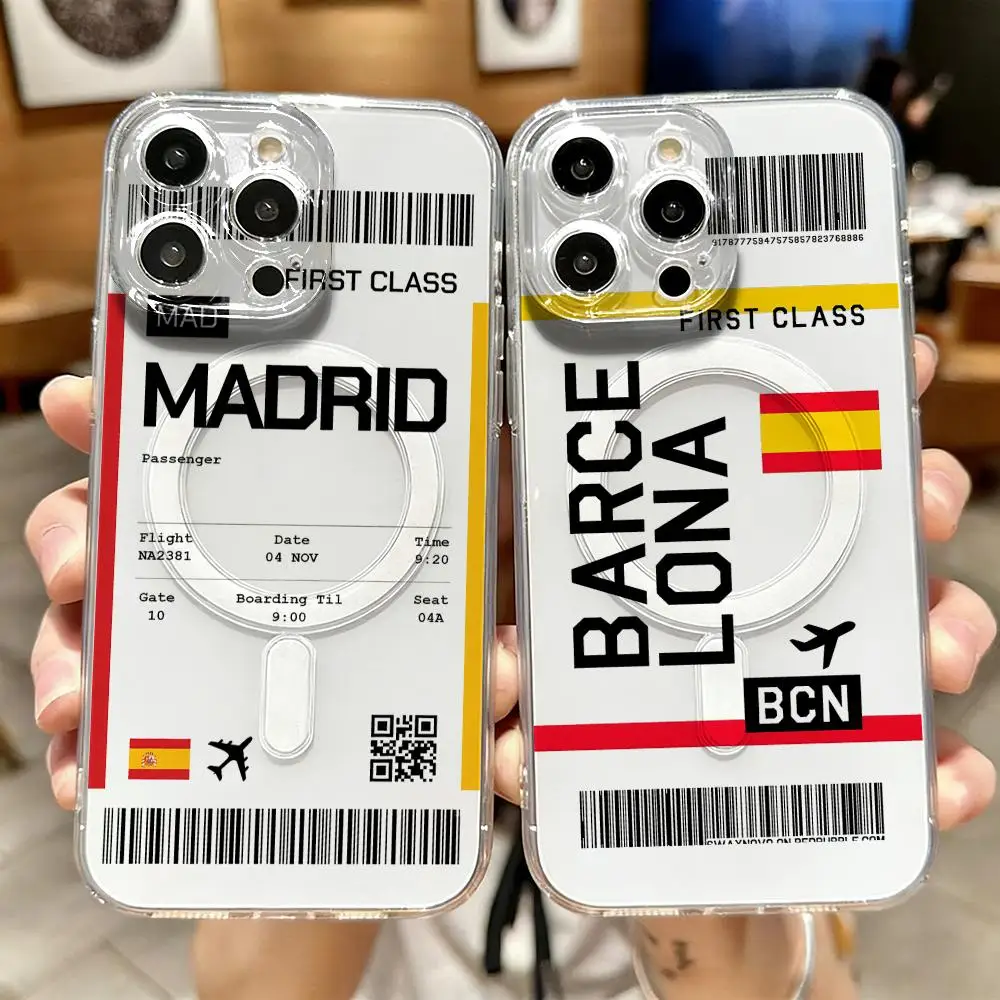 Phone Cases Transparent - เคสโทรศัพท์ลายตั๋วเครื่องบินท่องเที่ยวสเปน สำหรับ iPhone 17 16 15