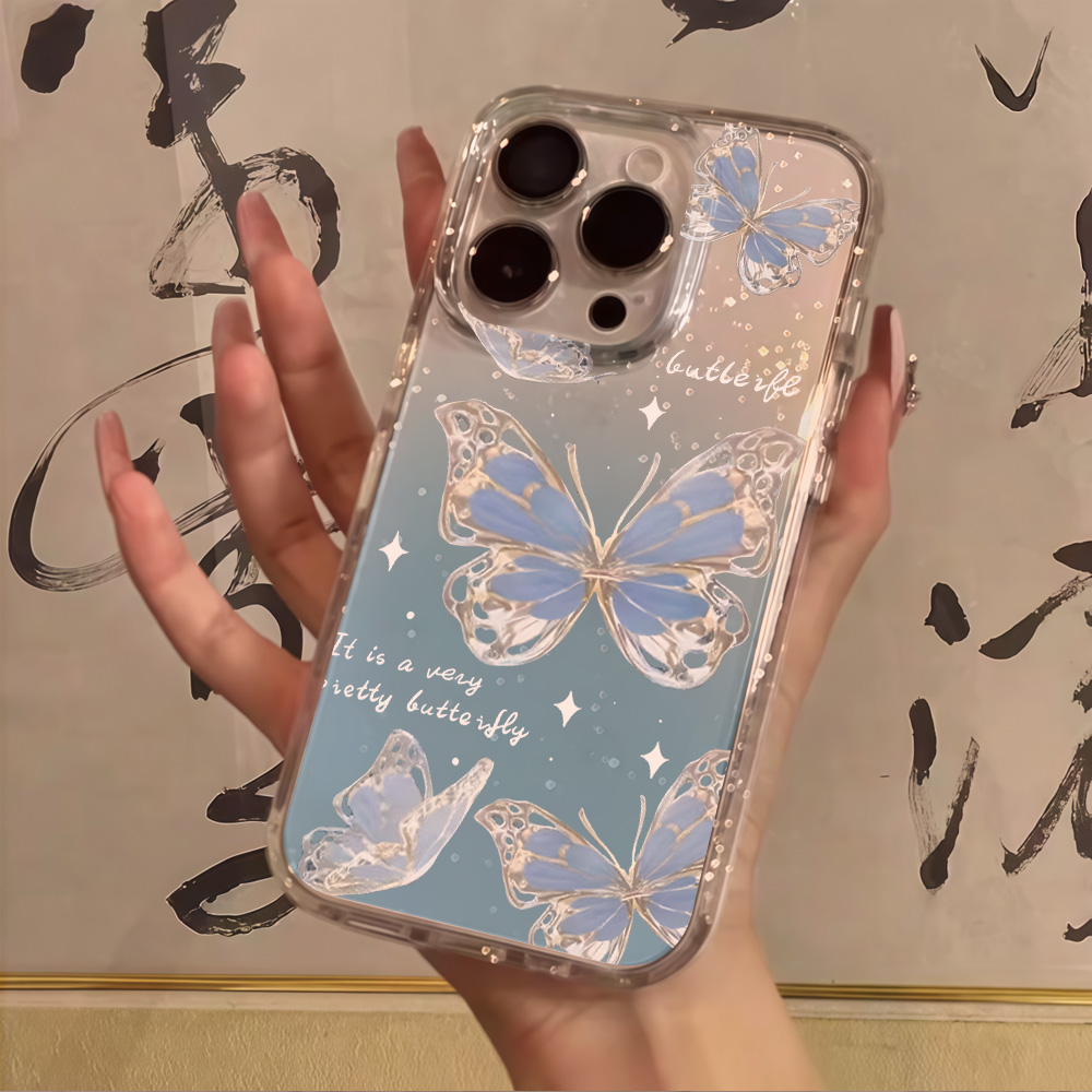 Phone Cases Transparent - เคสโทรศัพท์ใสลายผีเสื้อสีน้ำเงินหรูหรา พร้อมกลิตเตอร์ สำหรับ iPhone 17 13